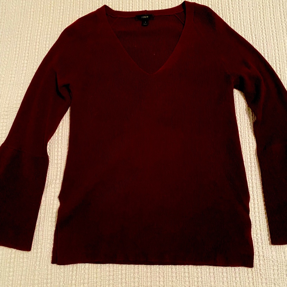 J . Crew Peplum Bell Sleeve V-Neck Wool Blend Sweater - Sz S - Cabernet Red - Picture 3 of 8